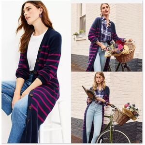 LOFT Long Cardigan Sweater Dress Women's Large Pink Navy Striped Knit Button Up